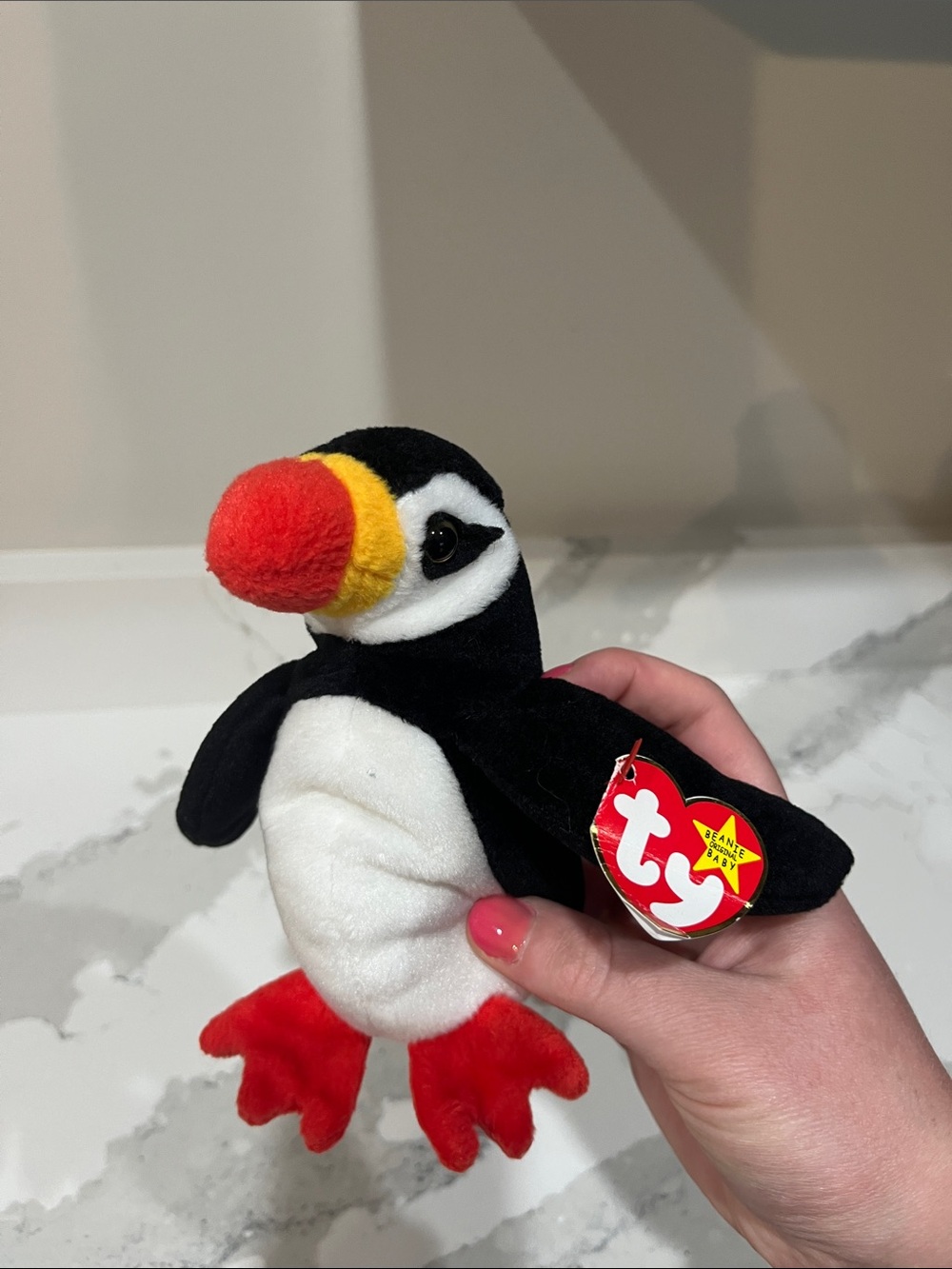 Ty Puffin Plush with Red Beak and Feet, Yellow Accent (Puffer 1997)
